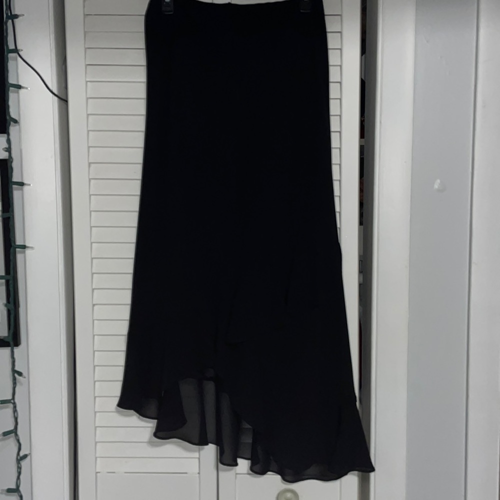 Black, ruffled, sheer, midi skirt. Size 6.